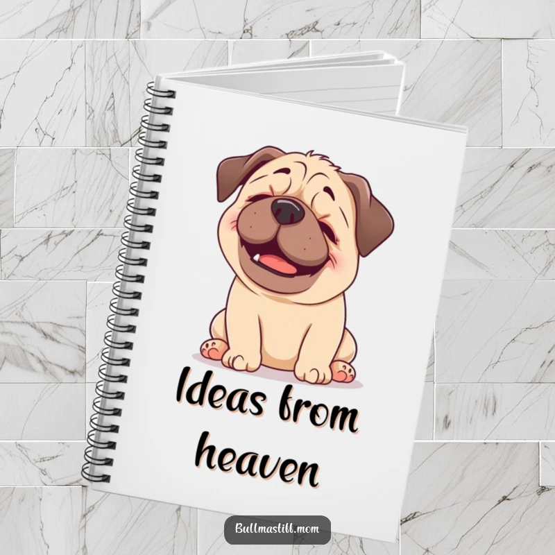 Funny Bullmastiff notebook with a happy dog enjoying a gentle head scratch, perfect for jotting down happy thoughts and notes.