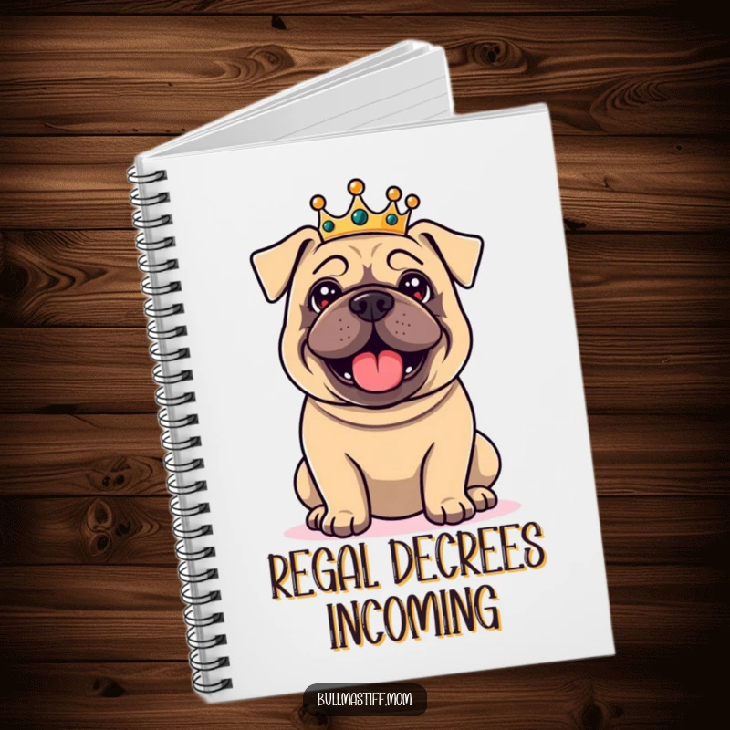 Funny Bullmastiff notebook with a delighted dog wearing a small crown, looking regal, perfect for jotting down royal thoughts with humor.