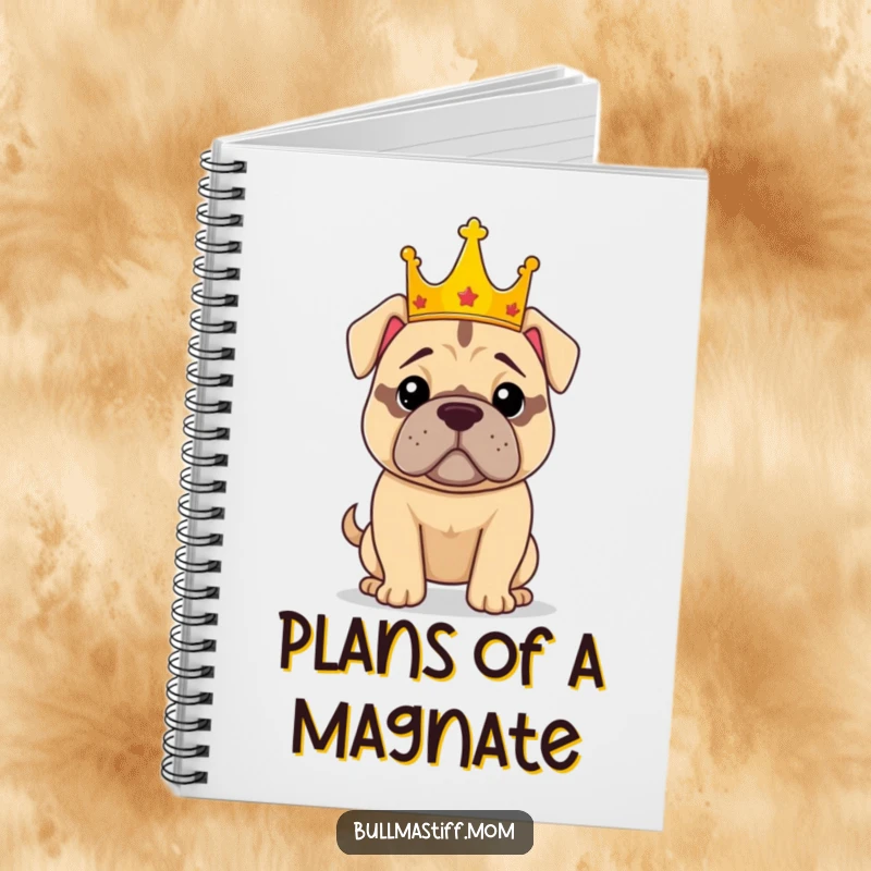 Funny notebook featuring a confident Bullmastiff wearing a crown on the cover, ideal for writing notes, plans, or dog-related thoughts.