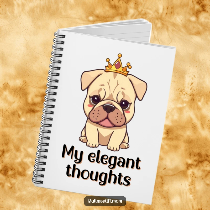Funny Tiarad Bullmastiff notebook featuring a dog wearing a small tiara, exuding calm elegance, ideal for journaling.
