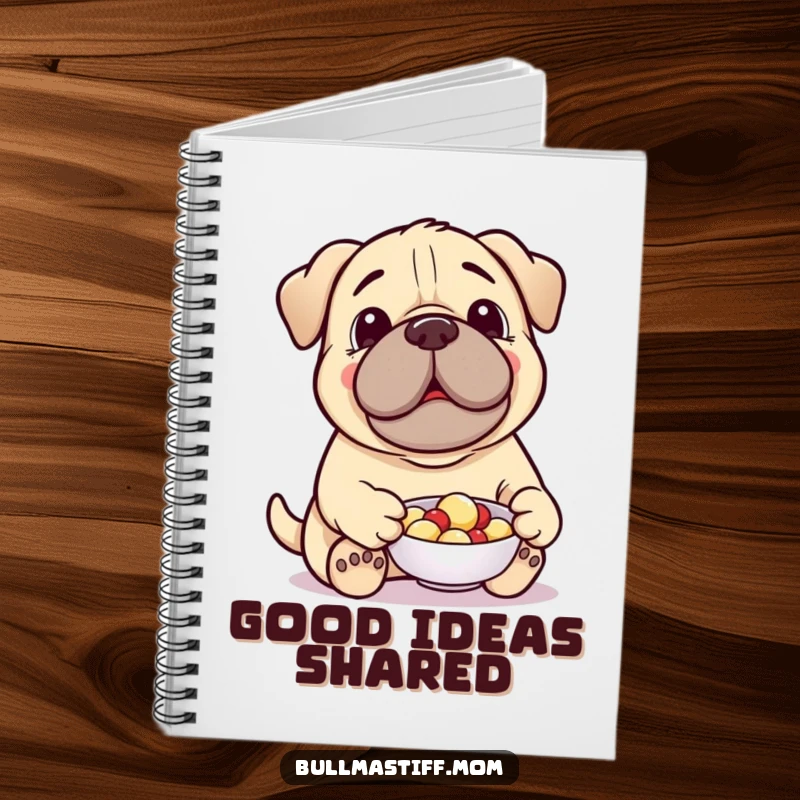 Funny Treat-Giving Bullmastiff Notebook: A cheerful Bullmastiff offers a treat from a dish, perfect for jotting down kind thoughts.