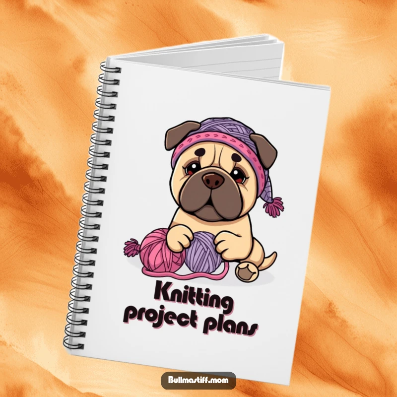 Funny Bullmastiff dog wearing a knit hat, happily playing with yarn, on the cover of a notebook, a funnier gift.