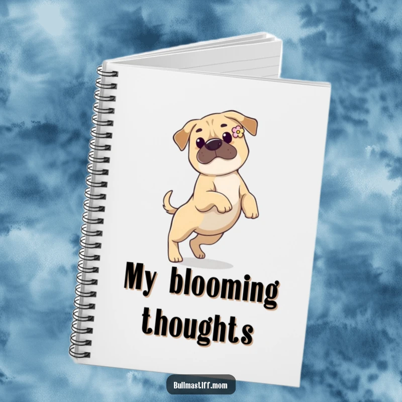 Funny Bullmastiff notebook showing a dog with a flower in its ear, prancing gracefully, ideal for journaling with a touch of elegance.