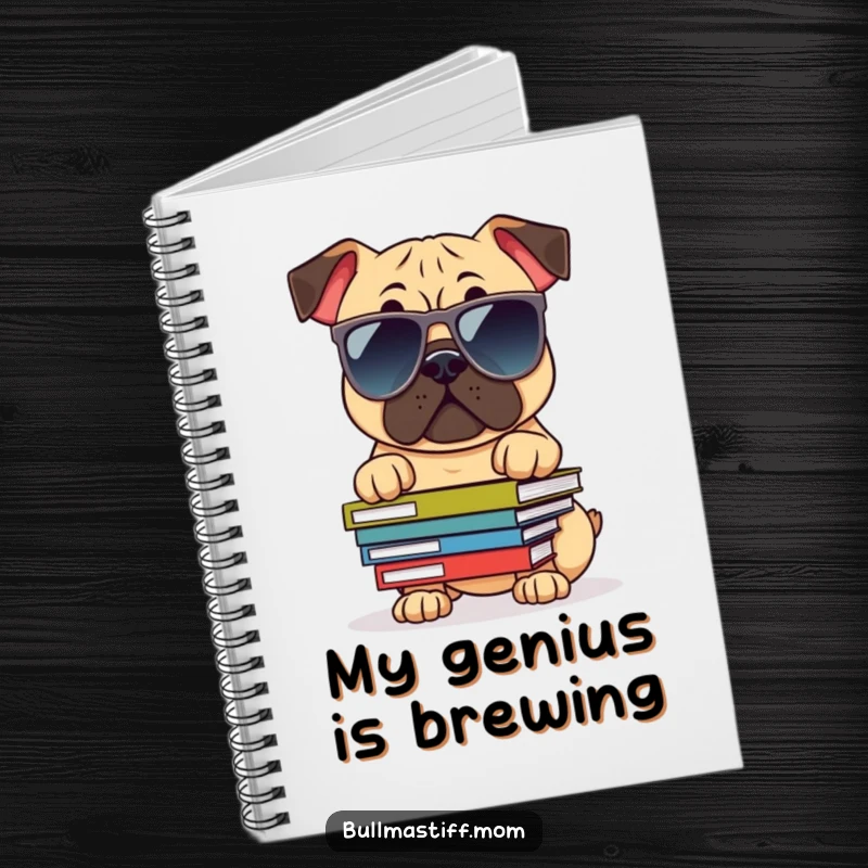 Funny Bullmastiff Notebook: A dog in oversized sunglasses balancing books, ideal for capturing smart thoughts and funny ideas.