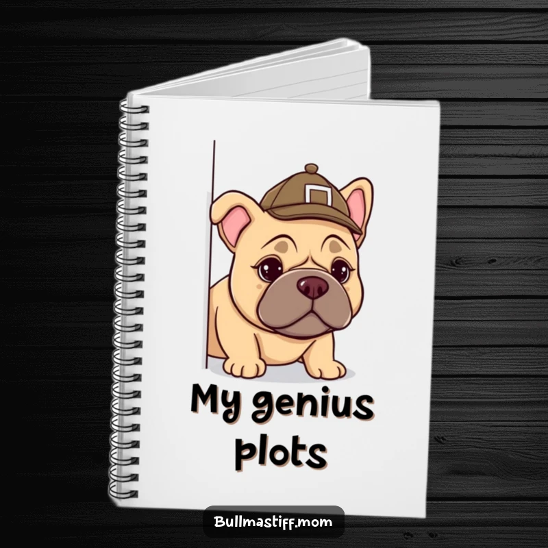 Funny Bullmastiff detective notebook, a dog in a tiny hat peeking from the cover, perfect for notes and sketches.