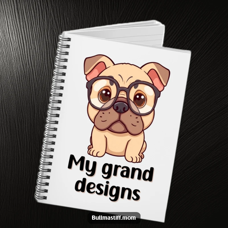Funny Bullmastiff dog wearing oversized glasses, looking thoughtful, featured on a notebook for jotting down ideas.