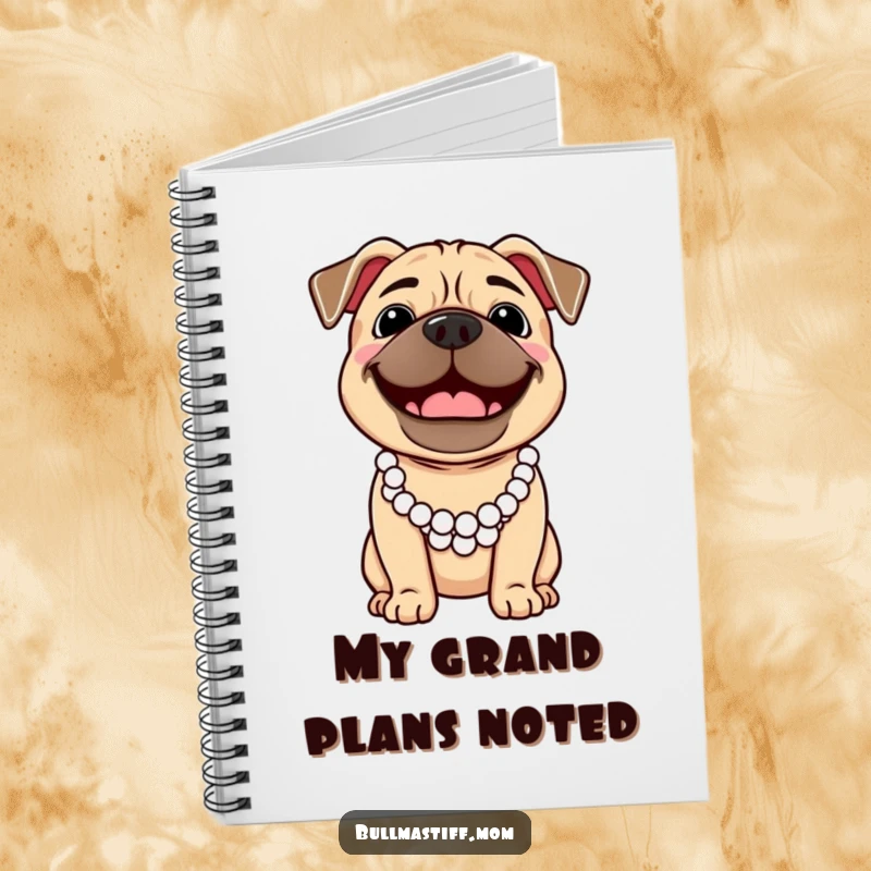 Funny Bullmastiff dog wearing a pearl necklace, smiling broadly, on the cover of a notebook.