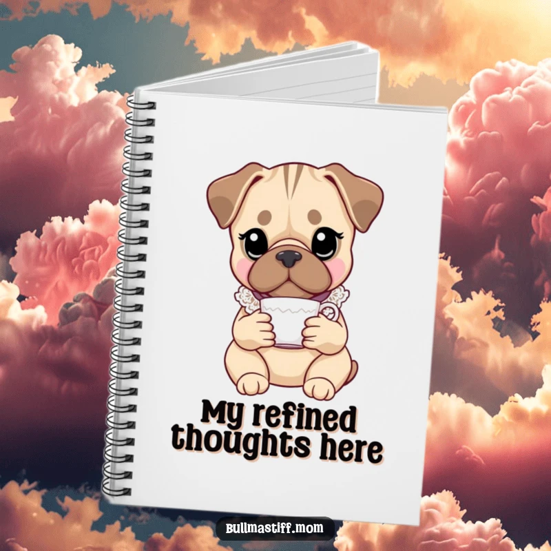 Funny Bullmastiff notebook with an elegant dog wearing a lace collar, holding a teacup, ideal for journaling and note-taking.