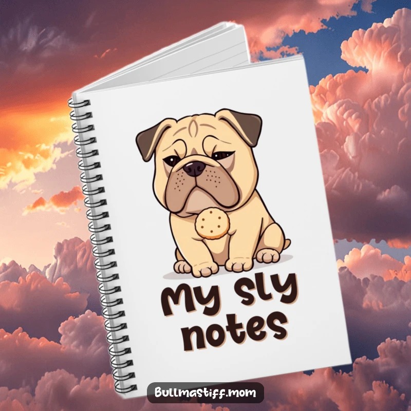 Funny Bullmastiff dog with a sly wink offering a tea biscuit, making this notebook a playful writing tool.