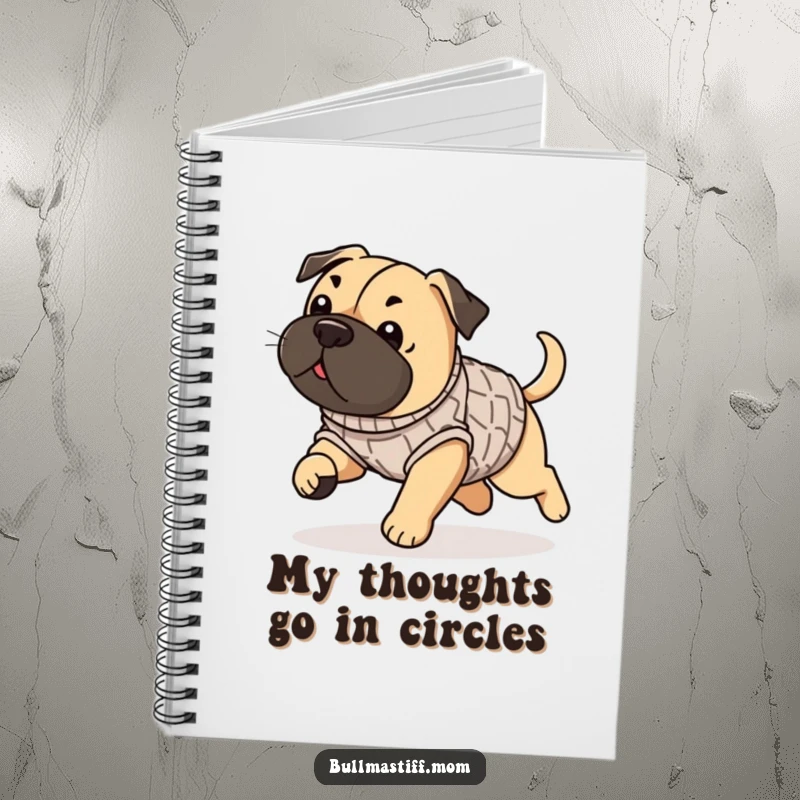 Funny Bullmastiff notebook featuring a dog in a sweater playfully chasing its tail, ideal for writing and drawing.