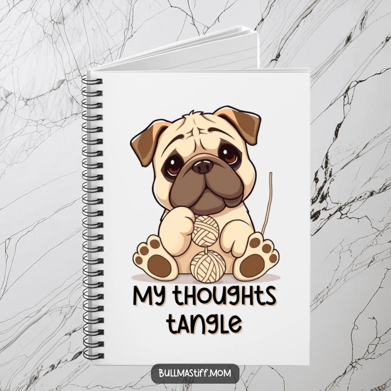 Funny Bullmastiff notebook featuring a clumsy dog with oversized paws hilariously batting at a dangling ball of yarn.