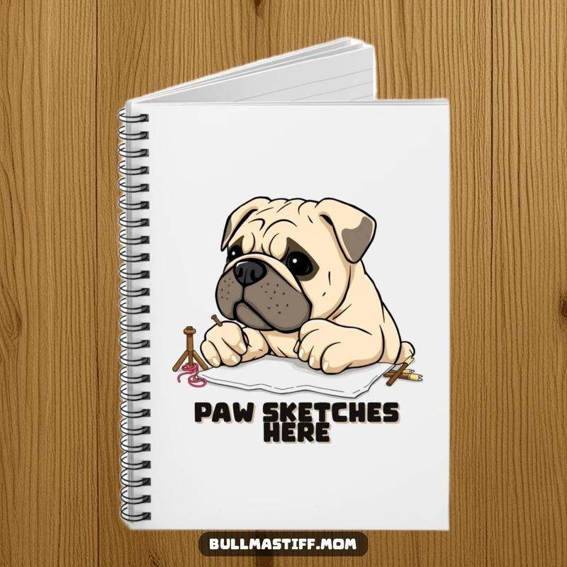 Funny Bullmastiff with large, clumsy paws attempting embroidery, featured on a notebook cover, encouraging creative note-taking.
