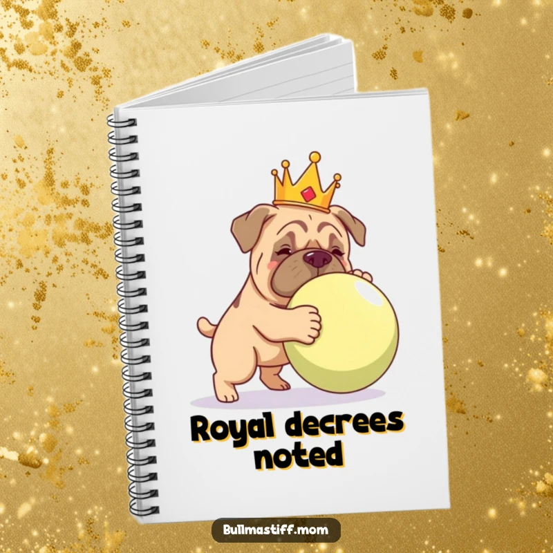 Funny Bullmastiff wearing a crown, playfully nudging a giant ball, on the cover of a notebook.