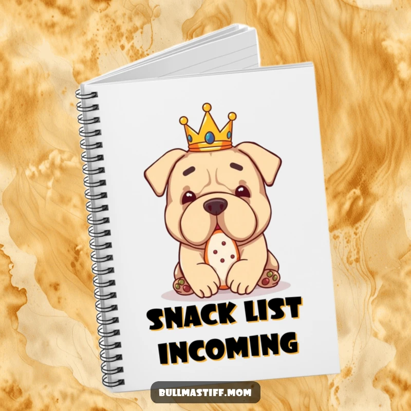 Funny Bullmastiff wearing a small crown, eating a treat, on a notebook cover for sweet ideas.