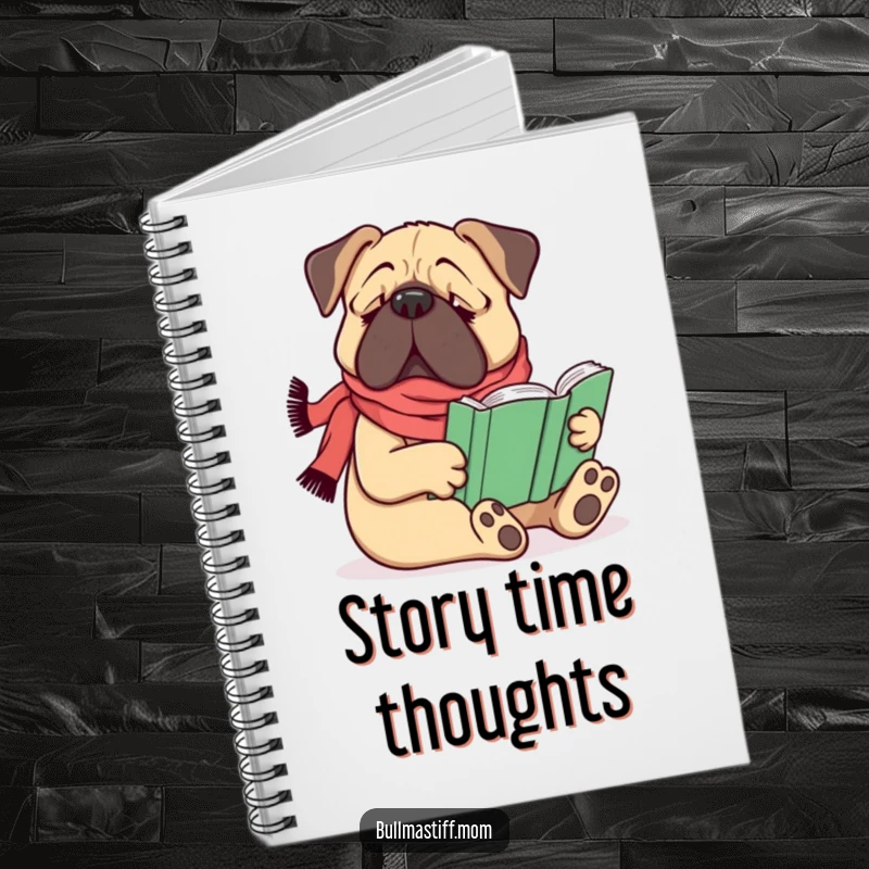 Funny Bullmastiff dog wearing a scarf, comfortably reading a book, on the cover of a notebook, a funnier gift.