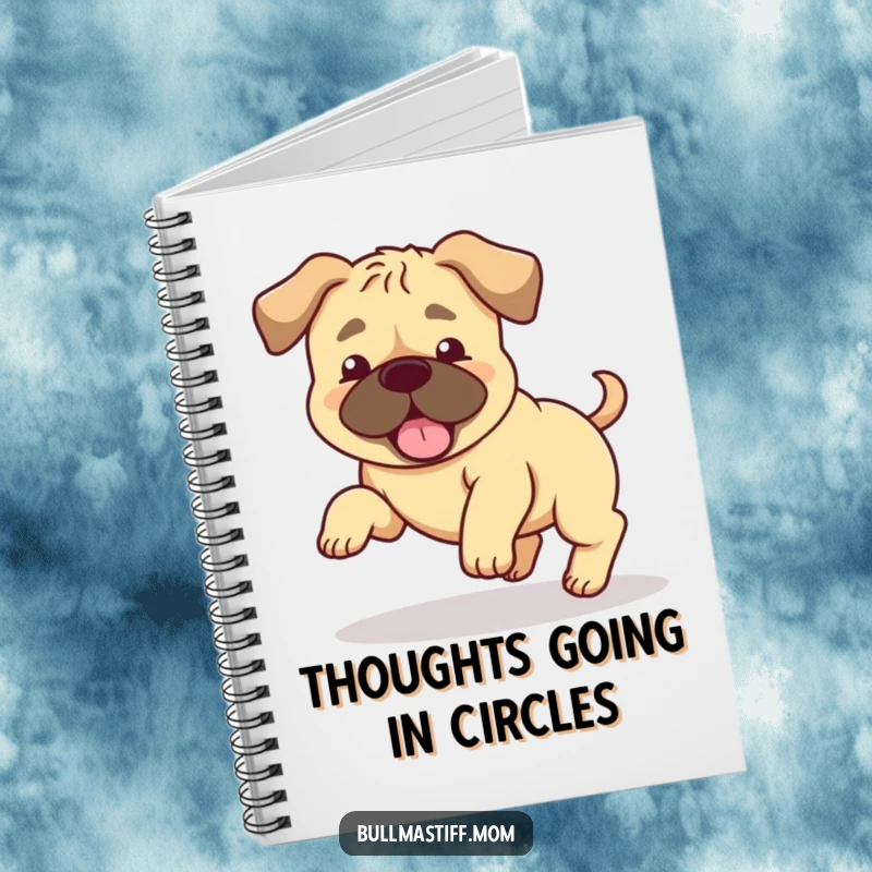 Funny Bullmastiff notebook with a happy dog and floppy ears chasing its tail, perfect for jotting down silly ideas. Gift idea.