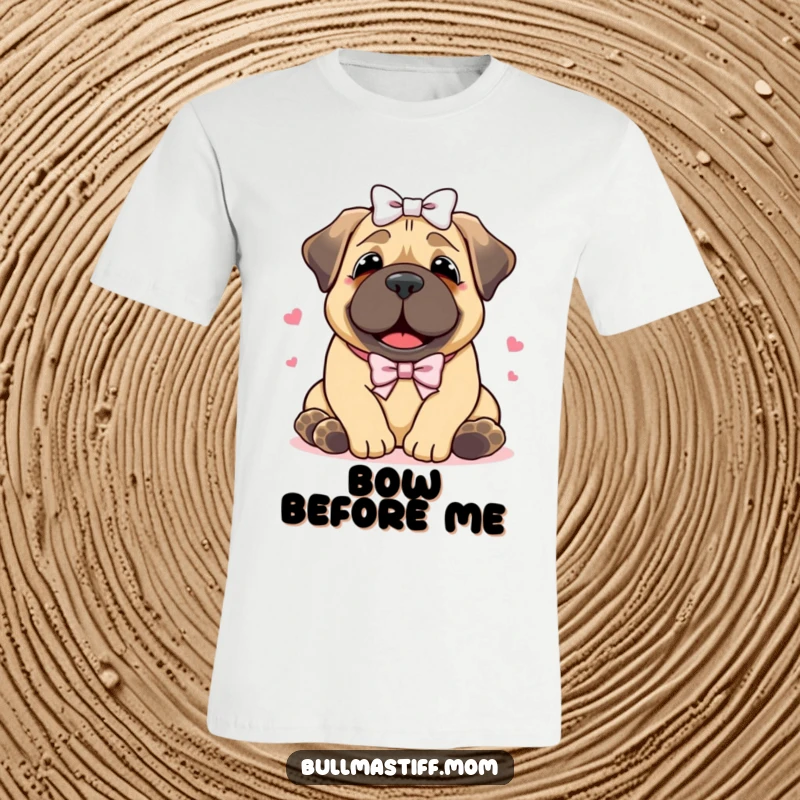 Funny Bullmastiff t-shirt with a happy, bow-adorned dog enjoying a big hug, capturing a moment of pure, heartwarming affection.