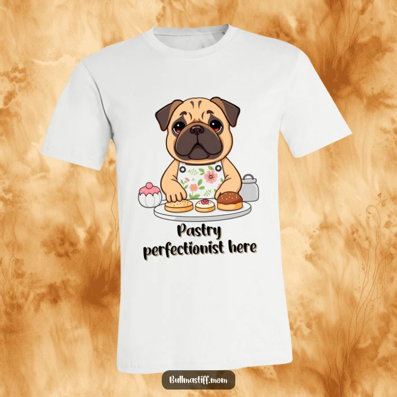 Funny Bullmastiff dog wearing a floral apron, happily baking pastries, printed on a t-shirt, perfect funny gift.