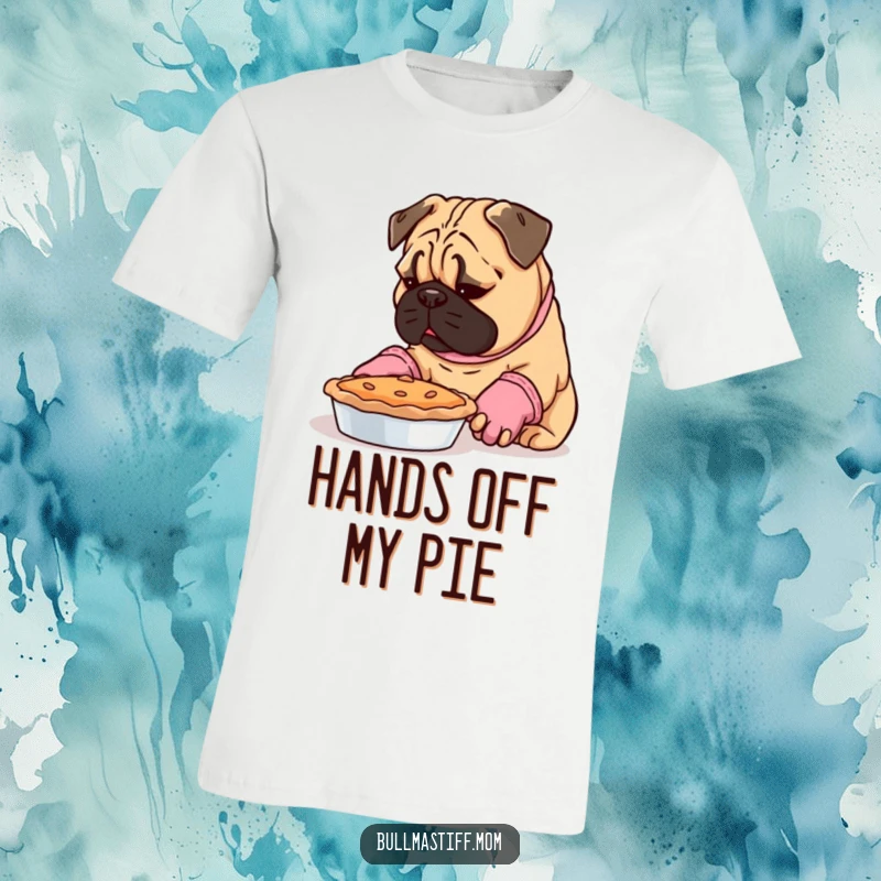 Funny Bullmastiff wearing oven mitts, intently inspecting a pie, showcasing a humorous baking moment.