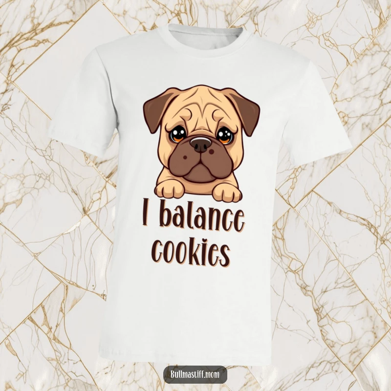 Funny Bullmastiff t-shirt: a dog with big, soulful eyes trying to balance a cookie on its nose.