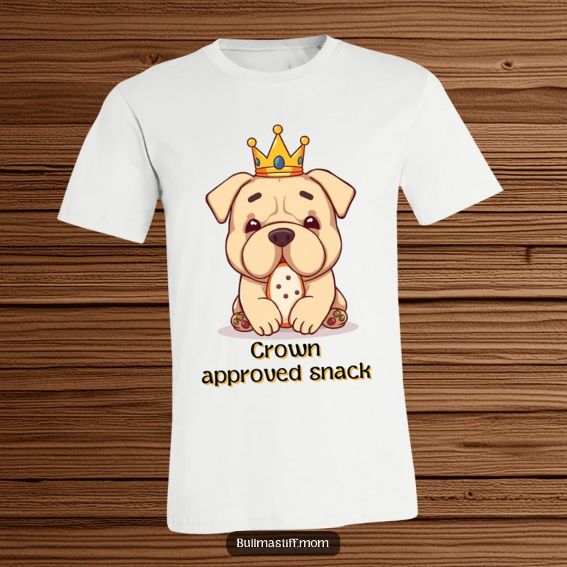 Funny Bullmastiff in a tiny crown, savoring a treat, perfect for this humorous and regal t-shirt.
