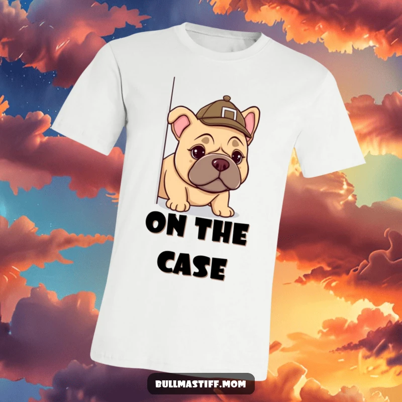 Funny Bullmastiff t-shirt featuring a dog in a tiny detective hat, peering curiously around a corner, hinting at secrets.