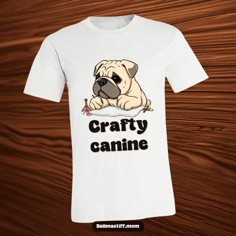 Funny Bullmastiff attempting to embroider with large, clumsy paws, printed on a t-shirt, highlighting its endearing, humorous effort.