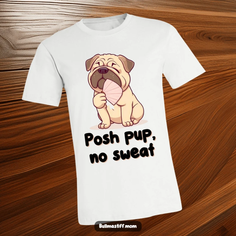 Funny Bullmastiff t-shirt featuring a large dog fanning itself with a delicate fan, exuding elegance and charm.