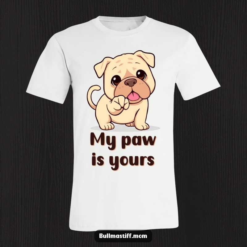 Funny Bullmastiff T-shirt depicting a happy dog with a wagging tail offering its paw for a handshake. Friendly greeting.