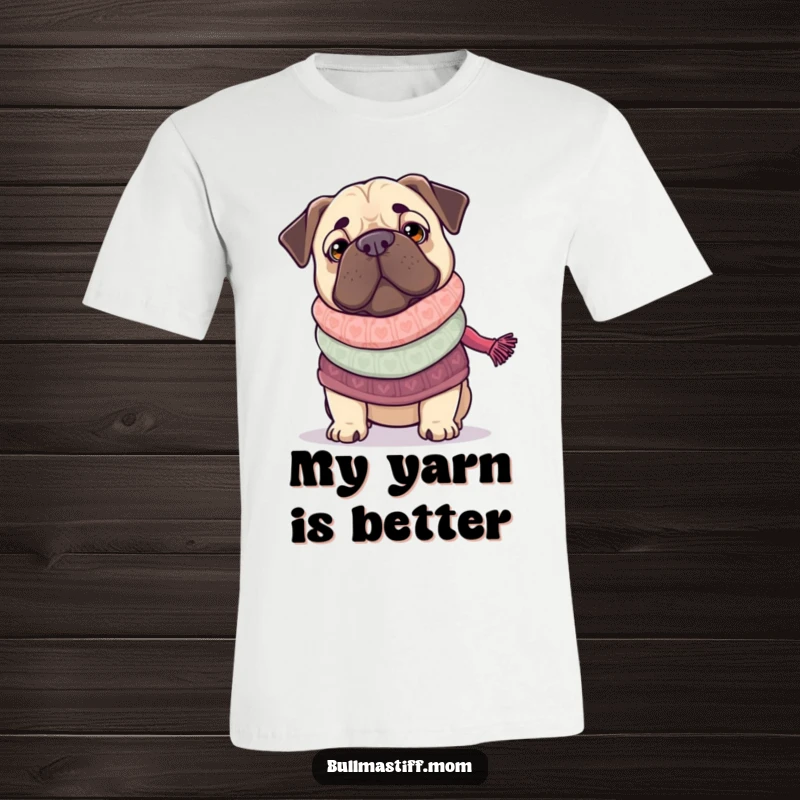 Funny Bullmastiff wearing a sweater, knitting a scarf, showcasing a humorous and cozy canine crafting moment.