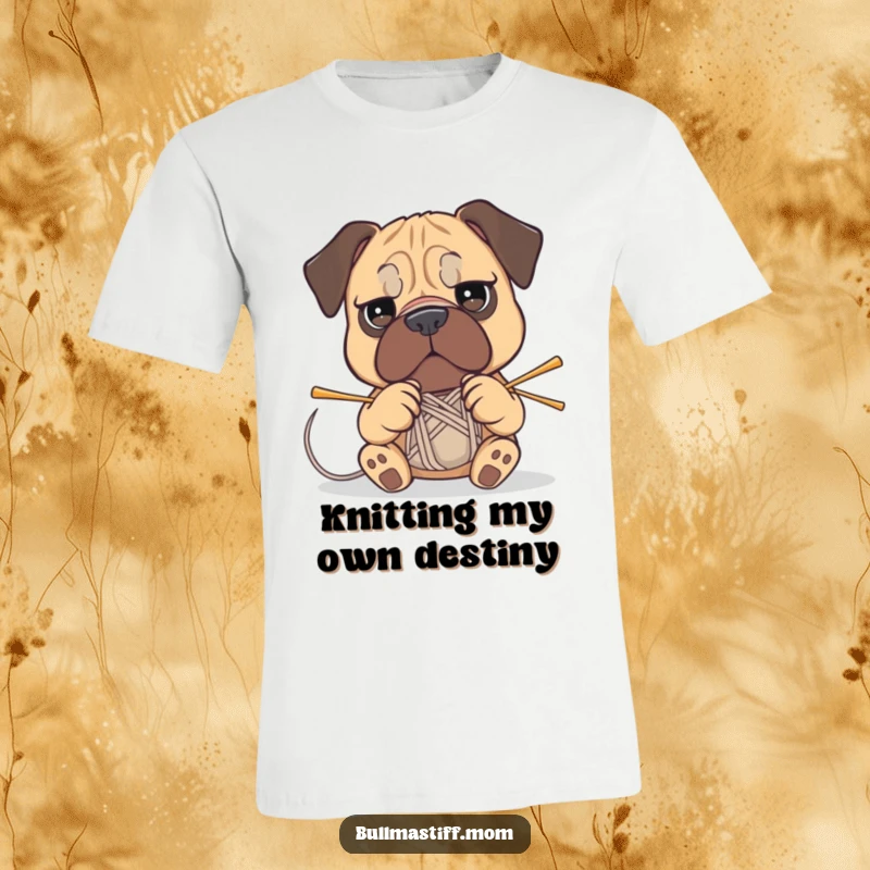 Funny Bullmastiff t-shirt: a dog with a determined expression attempting to knit with yarn and needles.