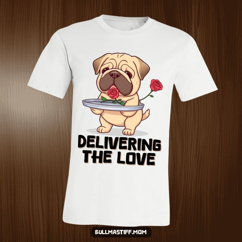 Funny Bullmastiff t-shirt featuring a dog carefully carrying a tray with a single rose, radiating loyalty and charm.