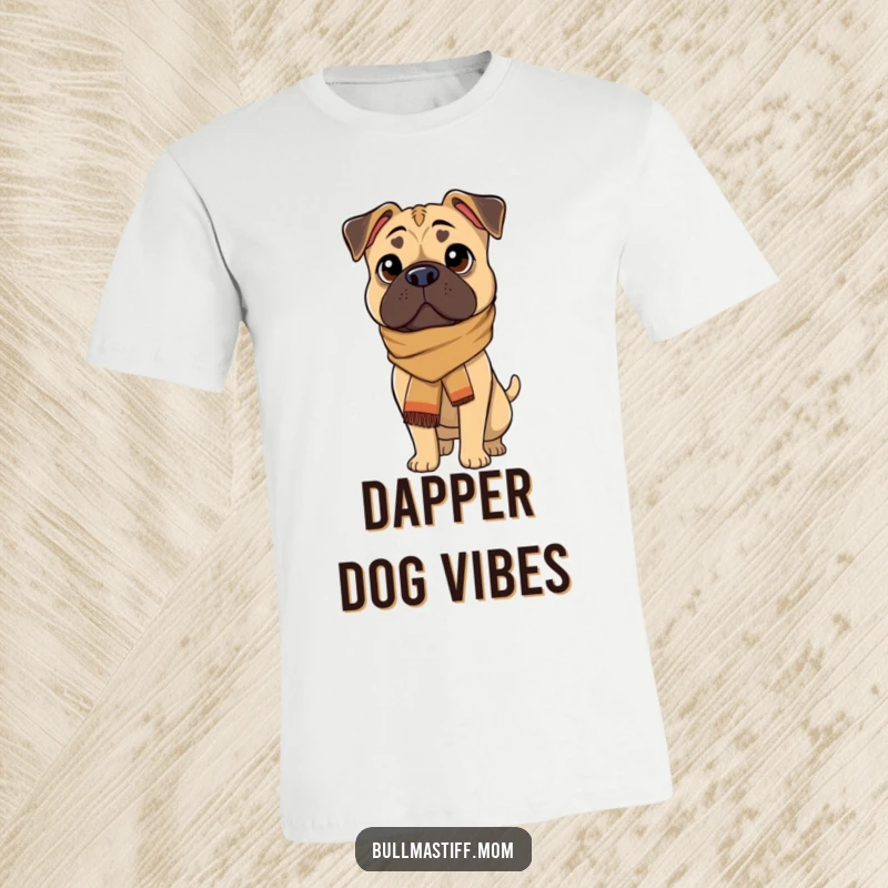 Funny Bullmastiff dog wearing a fashionable scarf, looking sophisticated and proud on this T-shirt.