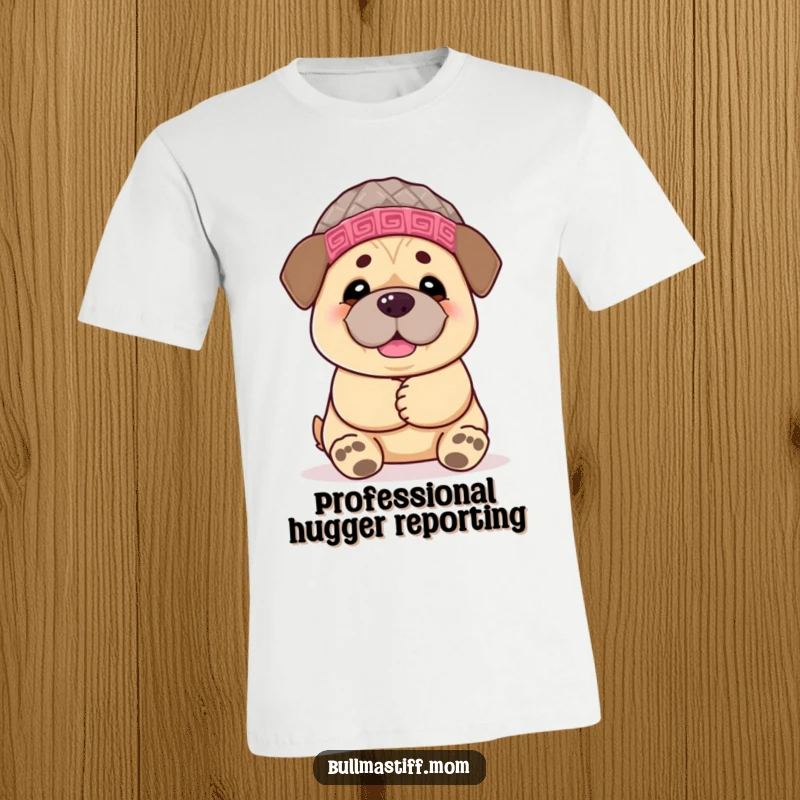 Funny Bullmastiff t-shirt of a happy dog in a knitted hat, arms open wide, ready to give a big, friendly hug.