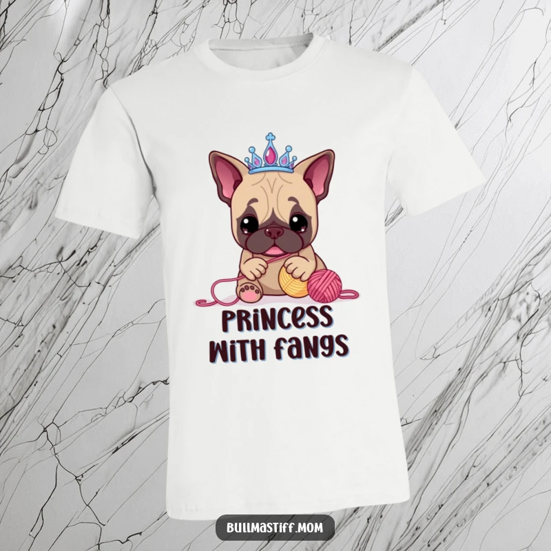 Funny Bullmastiff t-shirt with a regal dog wearing a tiara, hilariously playing with a ball of yarn, showcasing a funny and charming personality.