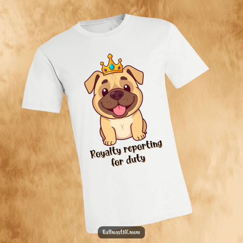 Funny Bullmastiff T-Shirt: A smiling bullmastiff proudly wears a crown and waves like royalty.