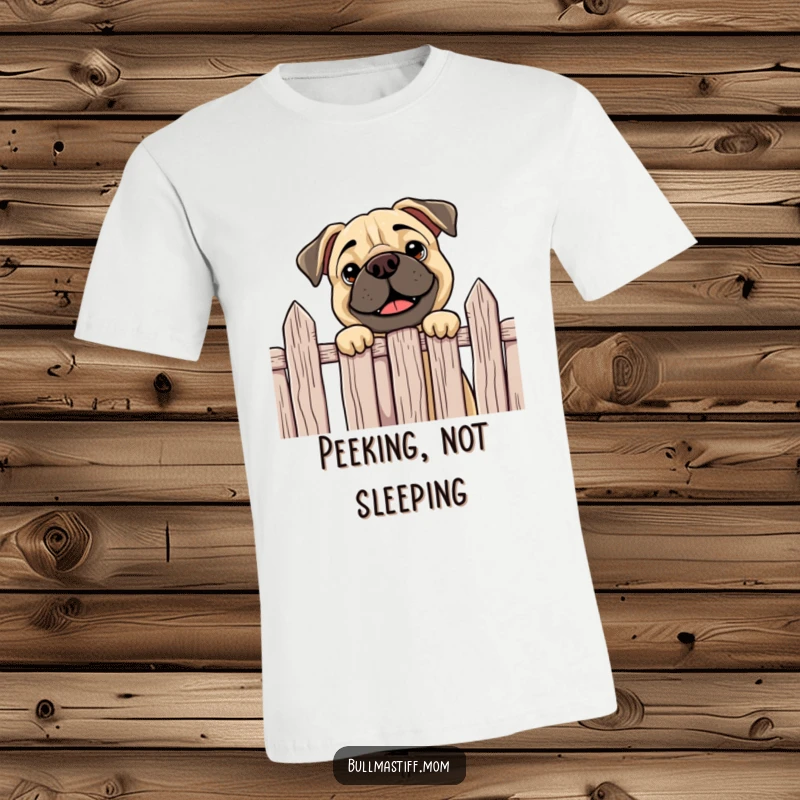 Funny Bullmastiff t-shirt featuring a curious dog happily peeking over a fence, perfect for adding a playful touch to any outfit.