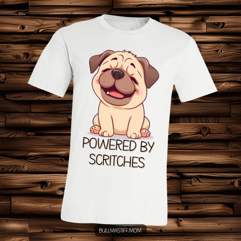 Funny Bullmastiff t-shirt featuring a happy dog blissfully enjoying a gentle head scratch, a heartwarming and humorous design.