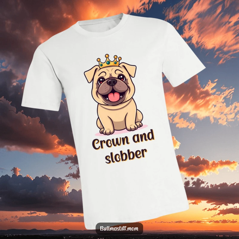Funny Bullmastiff t-shirt featuring a delighted dog wearing a tiny crown, looking regal and proud, ideal for royalty-loving dog owners.