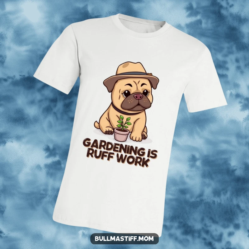 Funny Bullmastiff Gardener T-Shirt: A fashionable Bullmastiff sporting a hat gently tends to a miniature plant, a heartwarming and funny scene.