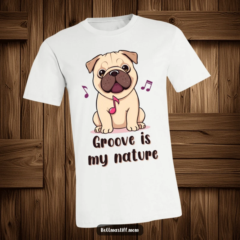 Funny musical Bullmastiff dog t-shirt, a dog playing music or surrounded by notes, celebrating harmony and canine companionship.