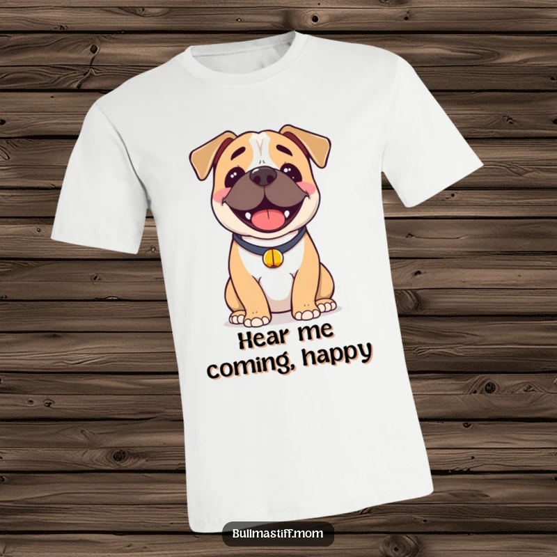 Funny Bullmastiff T-Shirt: A Bullmastiff with a beaming smile wears a small bell collar, conveying pure canine delight.