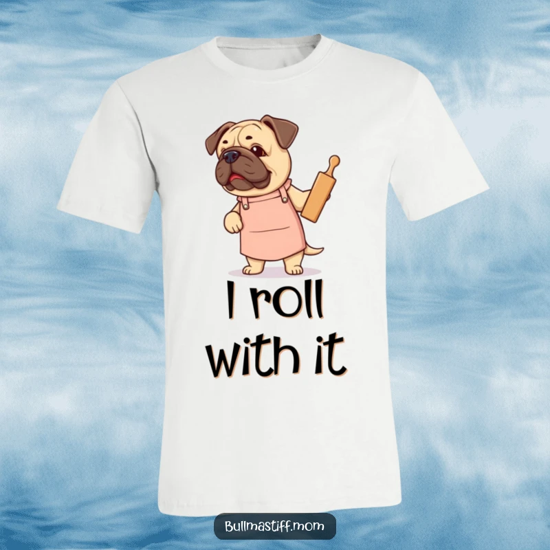 Funny Bullmastiff t-shirt: a dog wearing a cute apron and holding a rolling pin with pride.