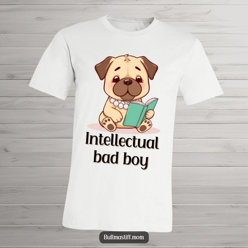 Funny Bullmastiff T-Shirt: A well-dressed bullmastiff wearing pearls reads intently, perfect for bookworms.