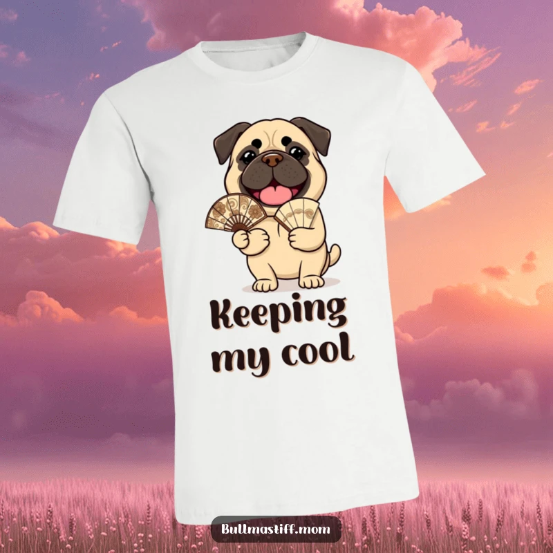 Funny Bullmastiff T-Shirt: A cheerful bullmastiff holds a small, ornate fan, radiating happiness.