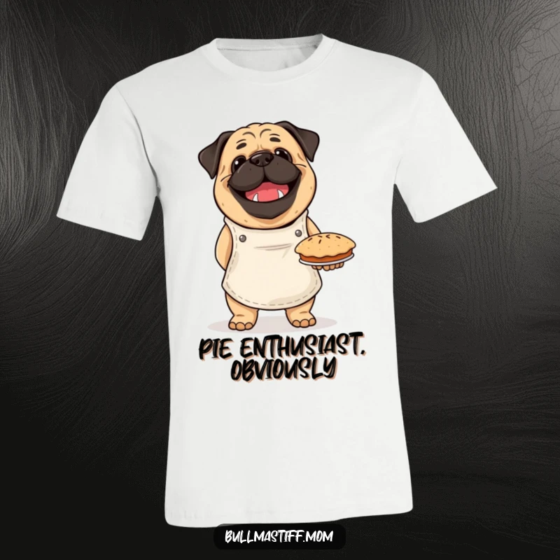Funny Bullmastiff t-shirt of a happy dog in an apron, beaming with pride while holding a golden-brown baked pie.