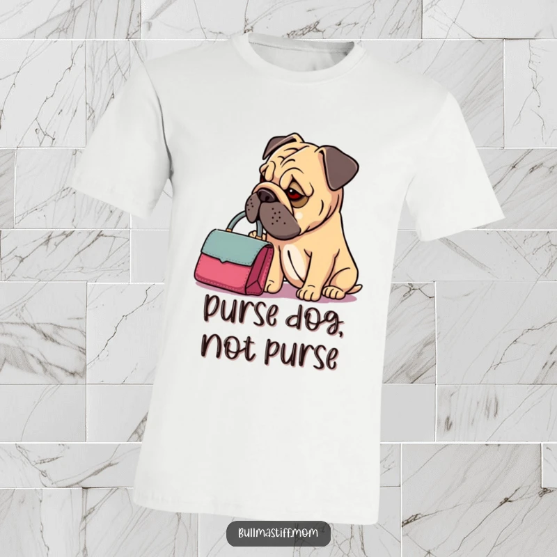 Funny Bullmastiff Handbag T-Shirt: A Bullmastiff sports a dainty handbag, looking into it thoughtfully, creating a humorous and chic design.