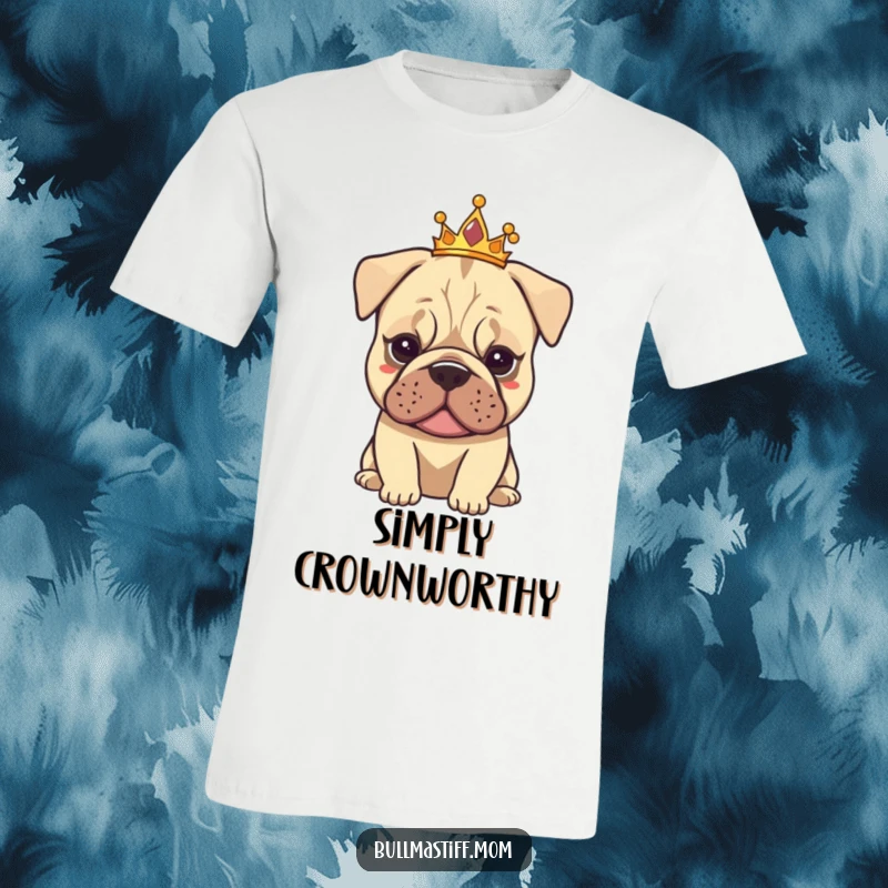 Funny Tiarad Bullmastiff t-shirt featuring a dog wearing a small tiara, embodying calm elegance and playful humor.