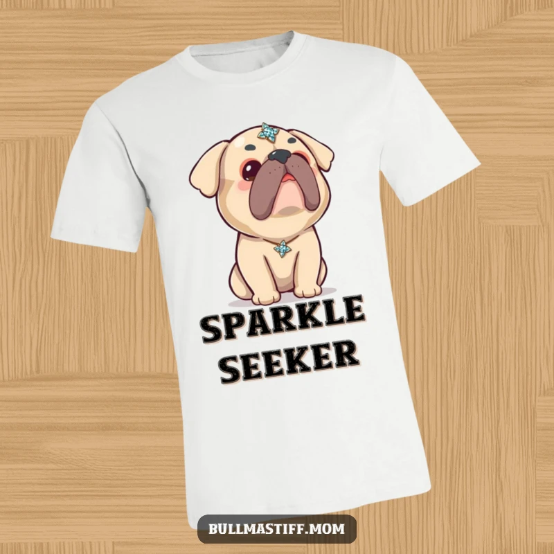 Funny Kawaii Bullmastiff T-Shirt: A super cute Bullmastiff gazes with curiosity at a glittering brooch, embodying adorable charm.