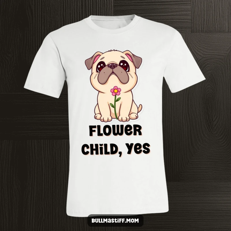 Sweet Bullmastiff flower t-shirt, a dog with a flower in its fur looking up adoringly, perfect for expressing love.